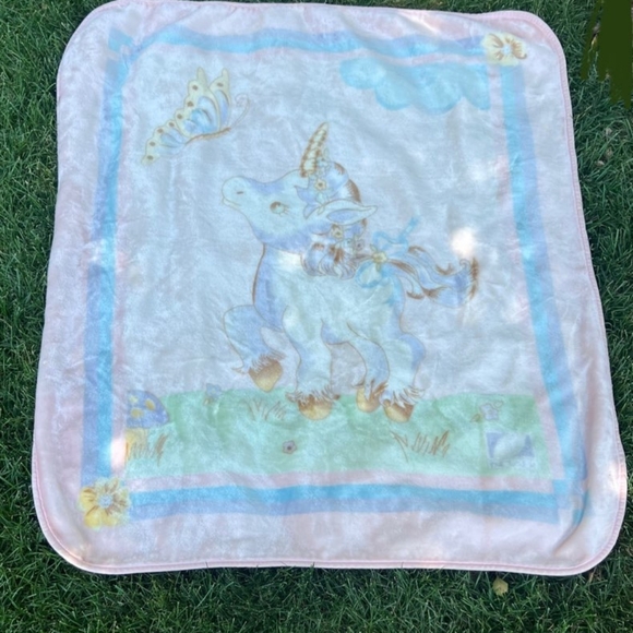 Vintage Novatex Unicorn Baby Blanket Pink 42 X 52 Inch Great Condition - Picture 1 of 6